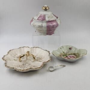 Lefton China Hand-Painted Dish; Japanese Server Bowl w/Spoon & a Covered Bowl